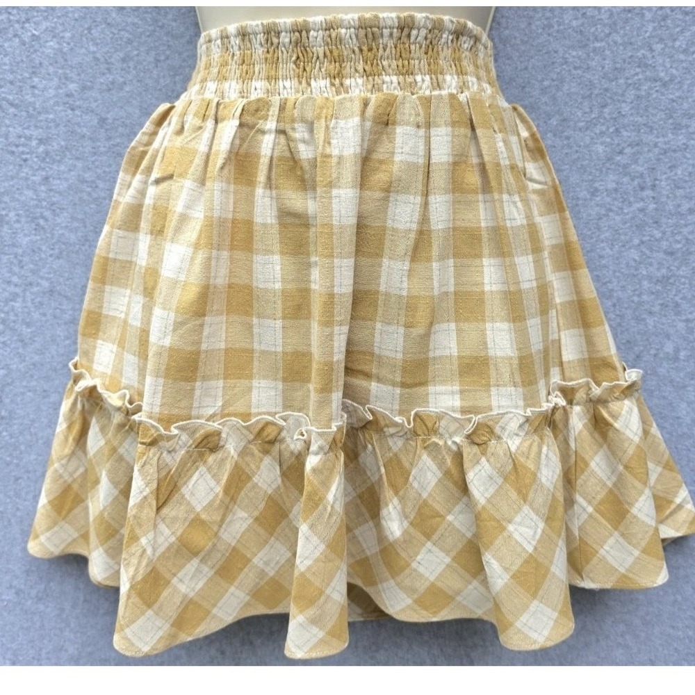 Promesa Brown Gingham Plaid Smocked Tiered Ruffle Mini Skirt Women's Small - Picture 3 of 3